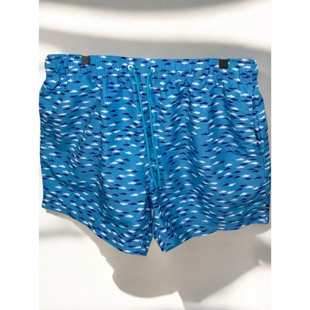 Nautica Mens XL Blue White Shark Fish Print Lined Swim Trunks Drawstring NEW